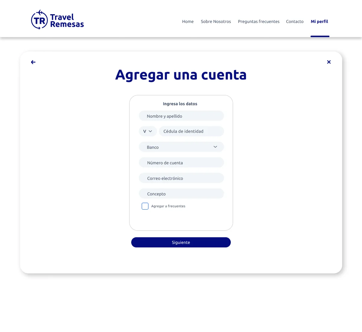 Formulario Agregar una cuenta con nombre, cédula, banco, número de cuenta, correo y concepto