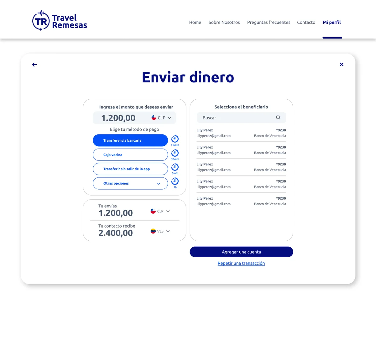 Pantalla con la lista de beneficiarios guardados y un buscador